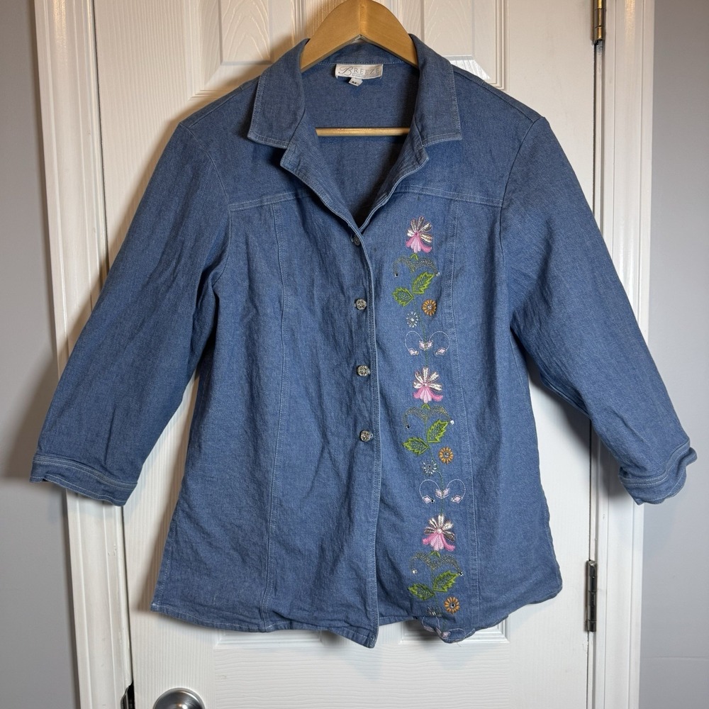 Breeze By Dorothy Schoelen‎ Denim Blazer Women's Medium Embroidered Floral Bling